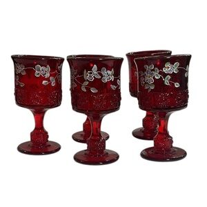 5pc DAISY AND CUBE Ruby Red Water Goblet Wine Cordial Fenton LG Wright Vintage